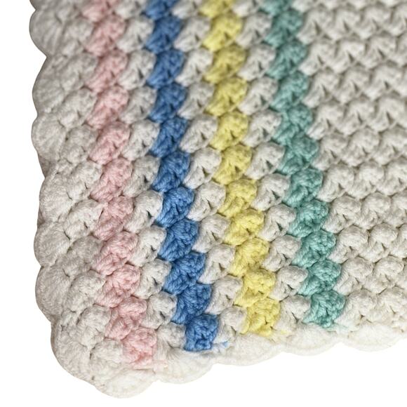 Vintage Handmade Crochet Baby Blanket – Pastel Stripes Rainbow 48x30 - Picture 3 of 5